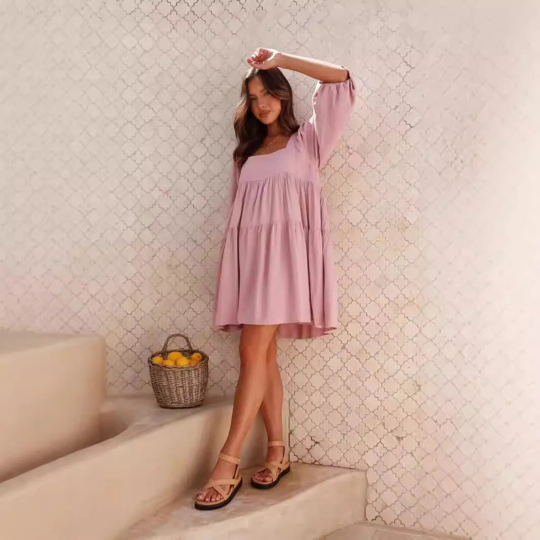 Children's square collar puff sleeve backless dress in A-line silhouette with loose waist