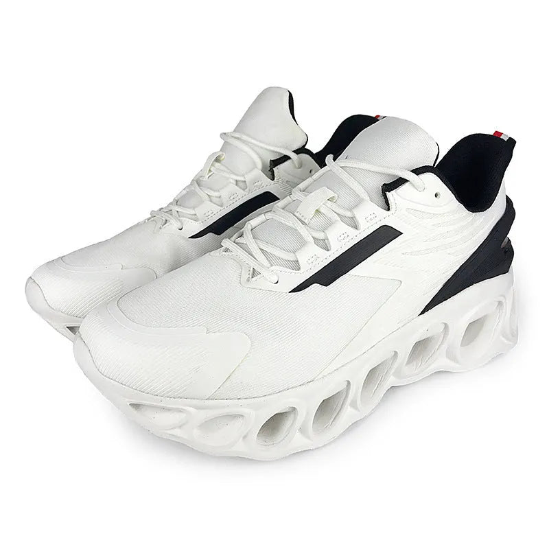 Men's low-top black mesh sports sneakers with white sole and lace-up closure on a white background