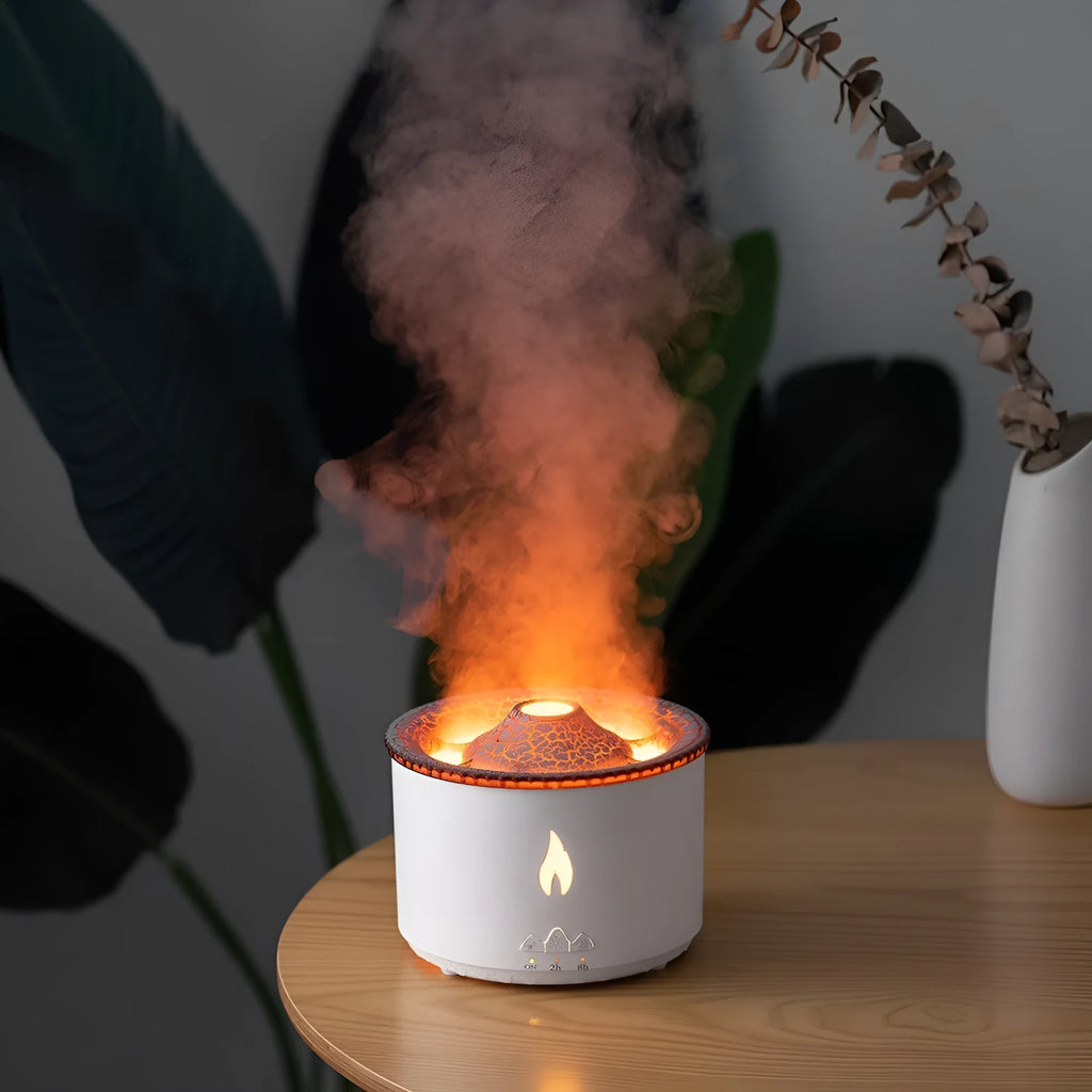 Two-colour spray ring volcano humidifier with aromatherapy, low noise 36dB, AC powered, plastic body, fire blue bicolor colour option
