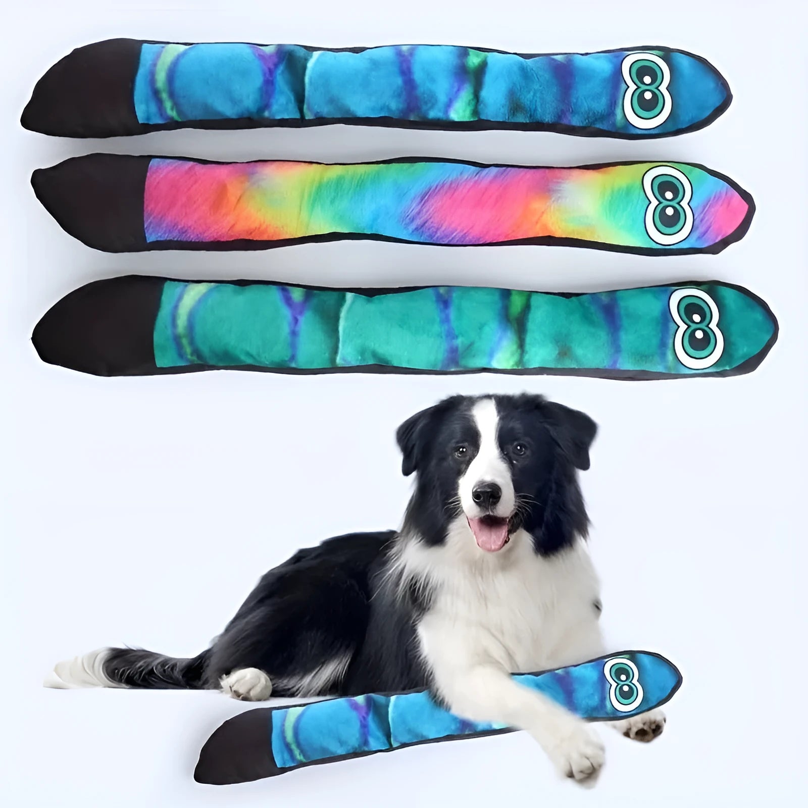 Plush snake dog squeaky toy with stripe print in rainbow colour, unfilled lightweight design