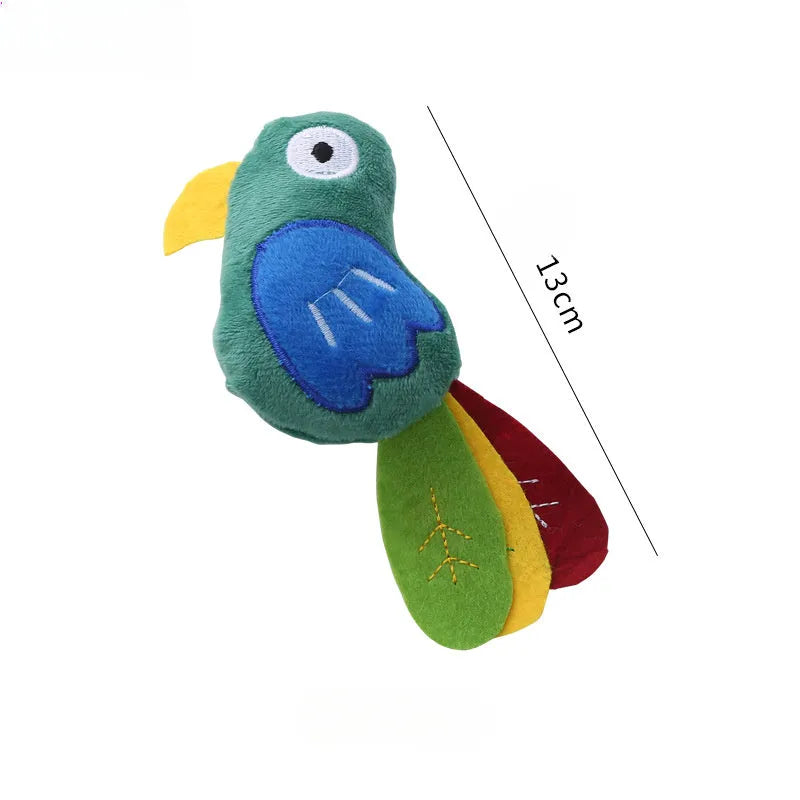 Parrot-shaped plush cat toy with catnip filling for interactive feline play