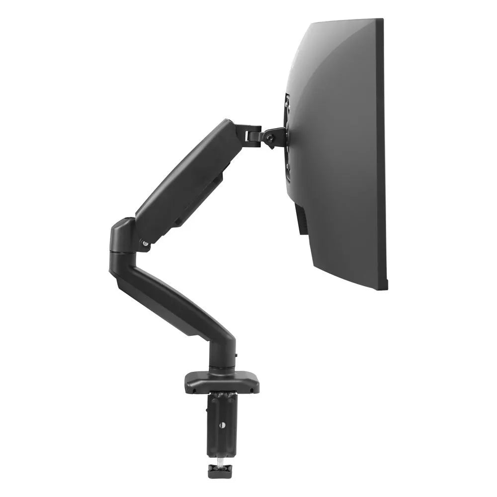 Black rotating telescopic LCD screen bracket on a desk showing height adjustment