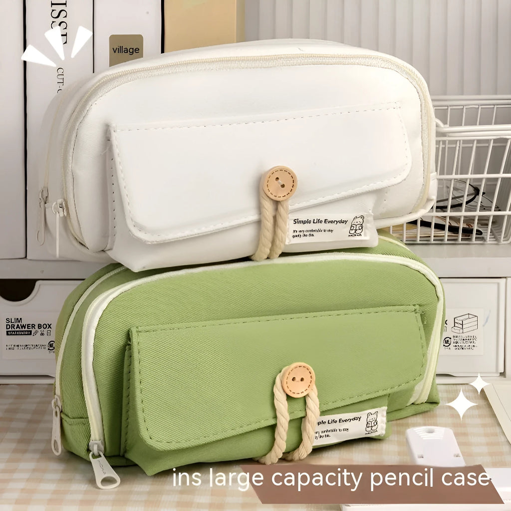 Canvas button pencil case in green colour showing large capacity for approximately 80 pens with Korean style design
