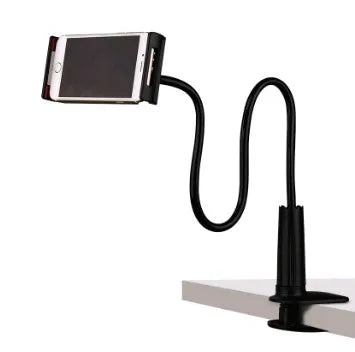 Black bedside oversize flat panel handset holder with long arm extended, holding a mobile phone.