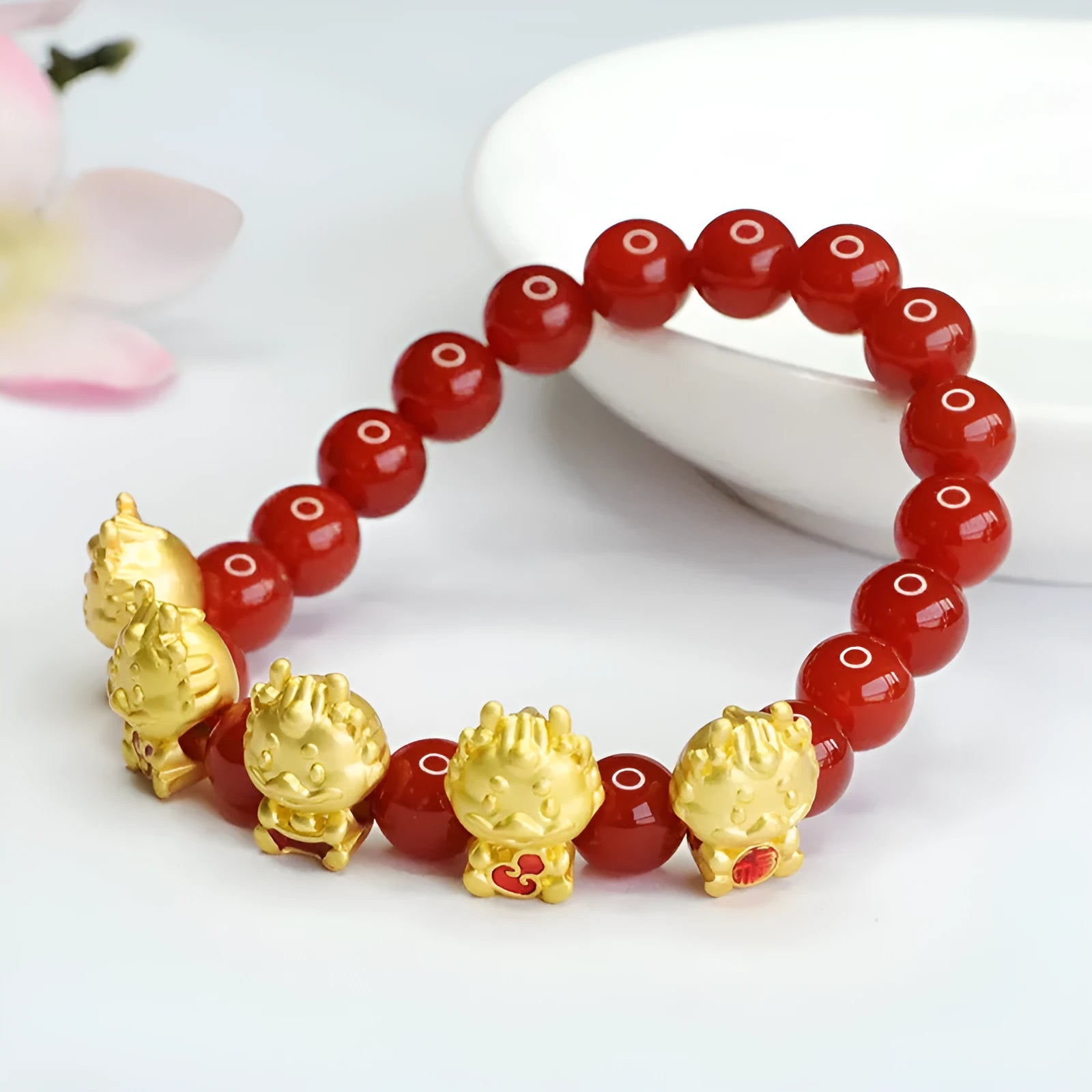 Natural red agate five blessing dragon bracelet 8mm Chinese style beaded wrist jewellery