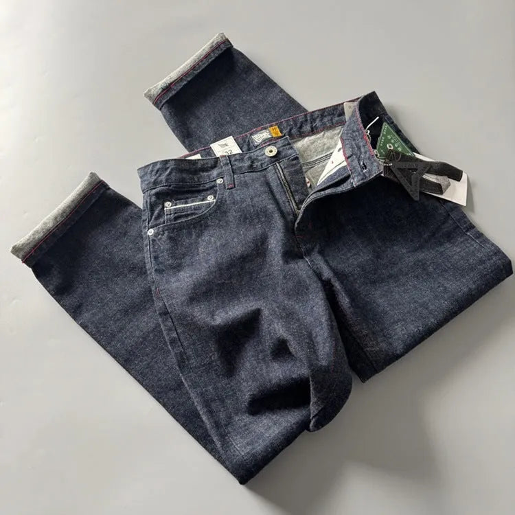 Men's straight leg denim jeans in primary colour with American retro styling