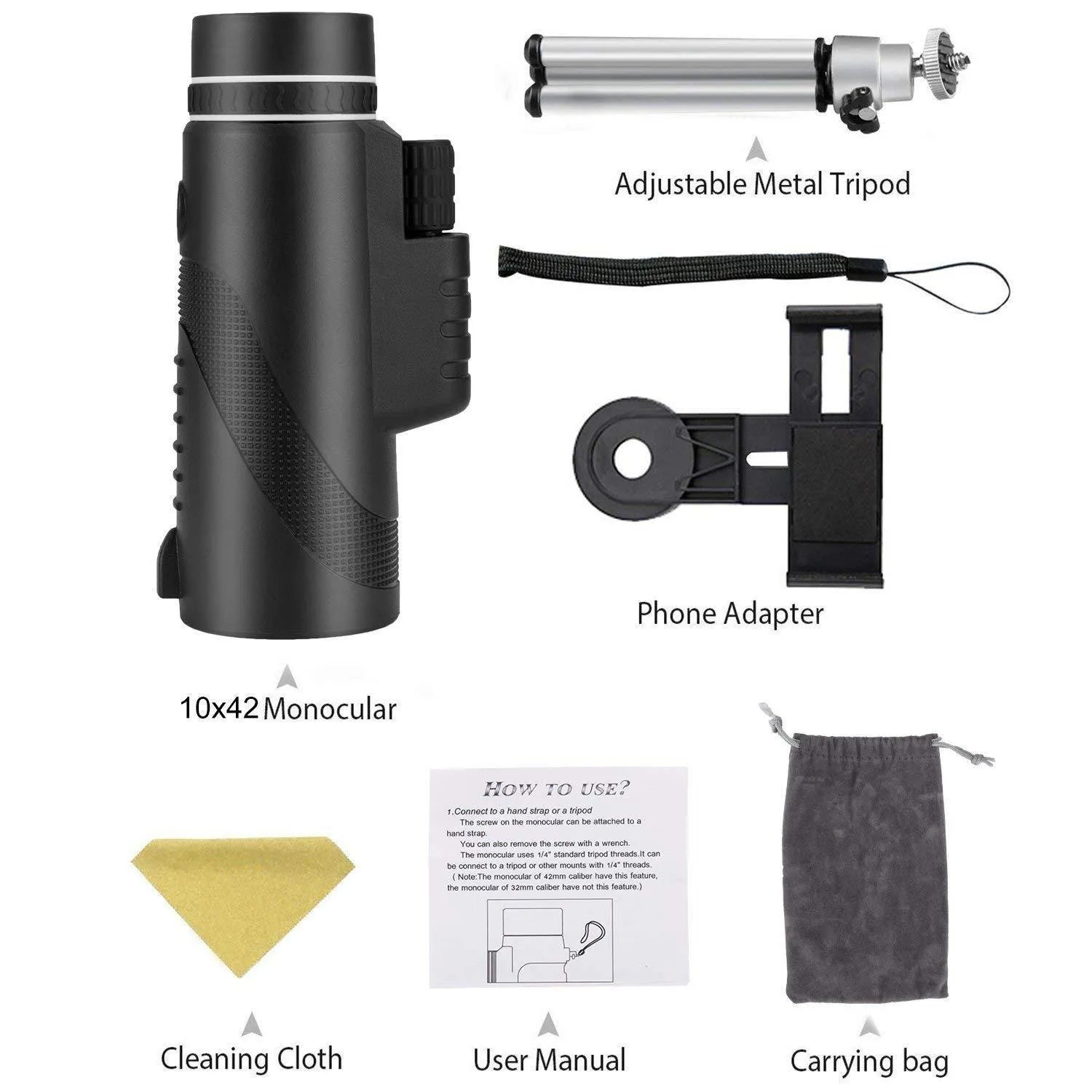 Black 40x60 HD smartphone telescope monocular with fully multi-coated lens for long-range viewing