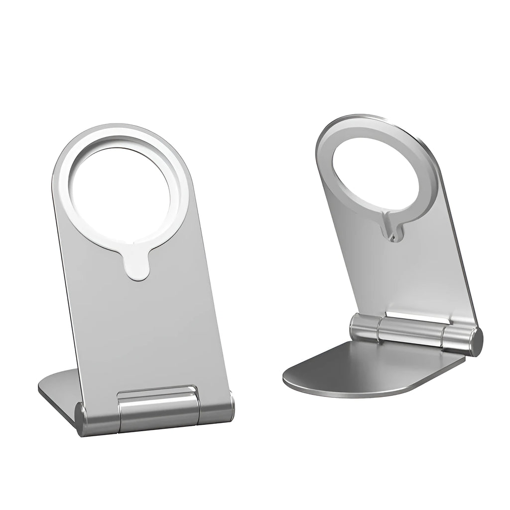 Silver vertical adjustable magnetic phone bracket for iPhone 12 models on a flat surface.