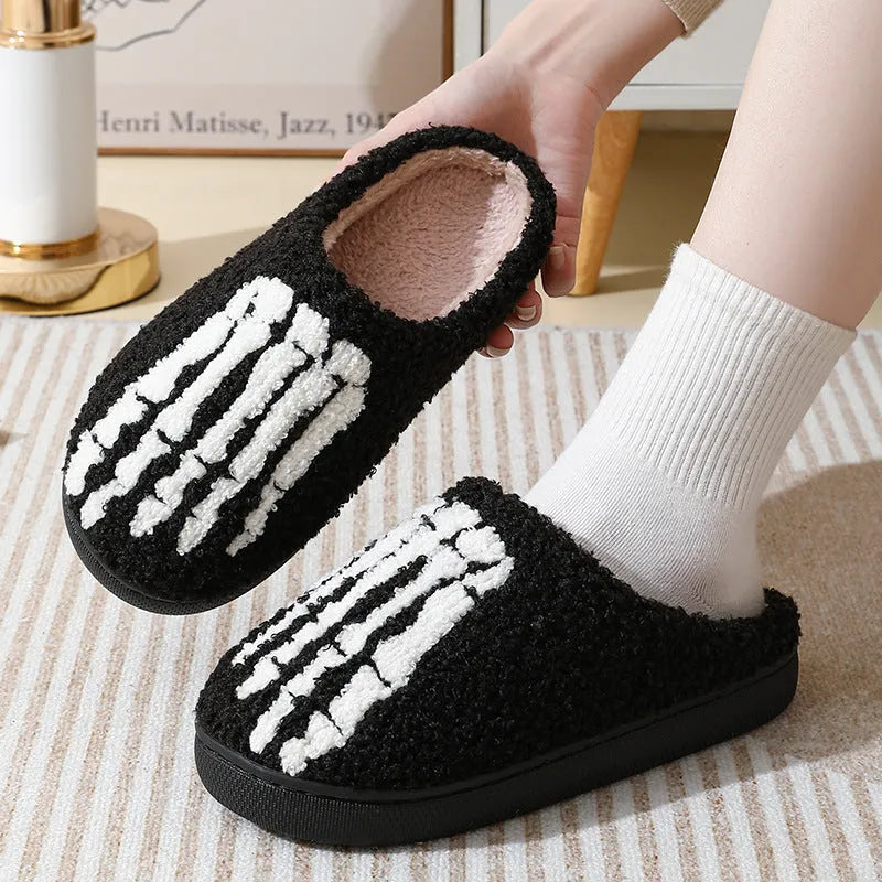Cartoon ghost hand thermal cotton slippers with suede upper and rubber sole on indoor floor