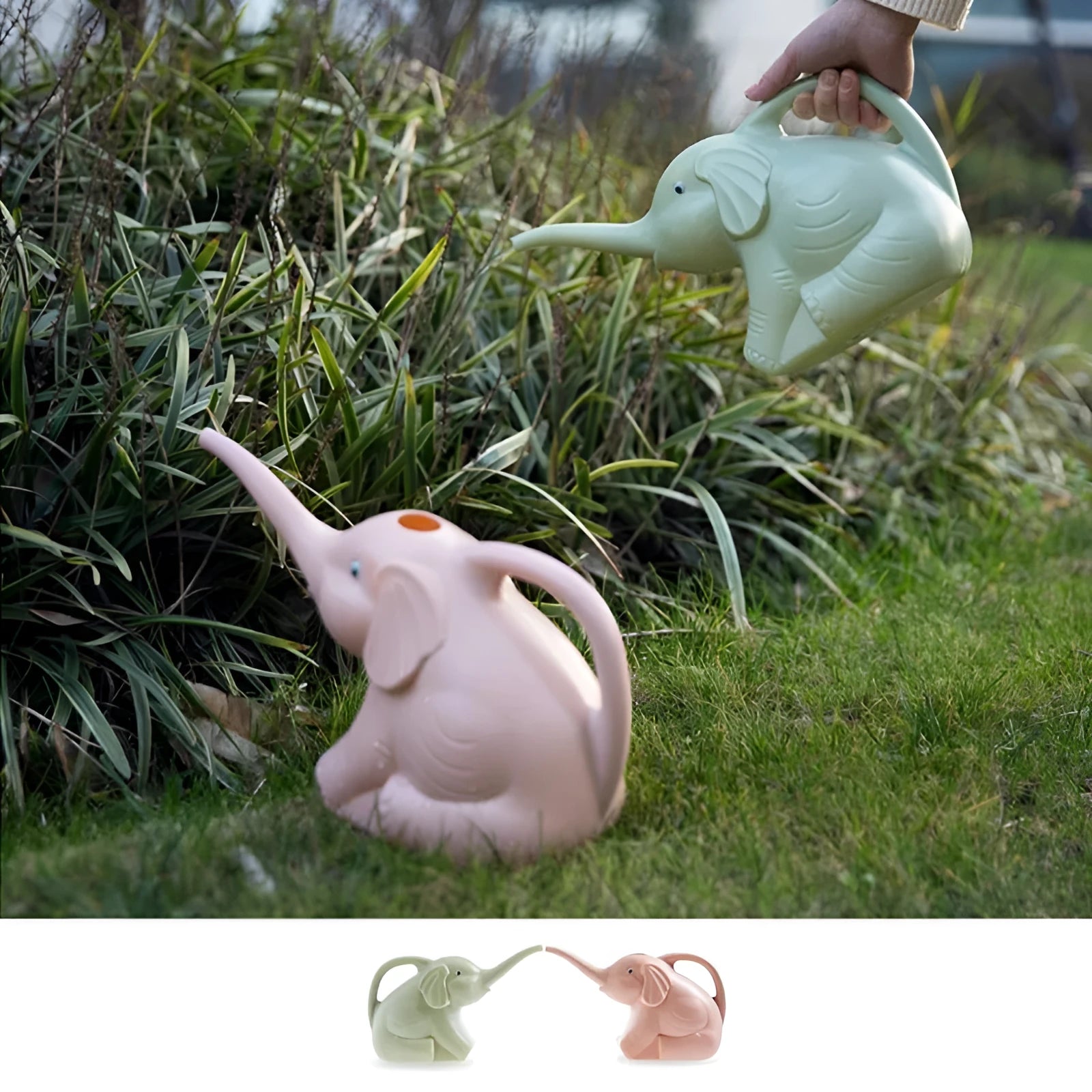Pink baby elephant-shaped watering can with long nozzle and handle for child's hand