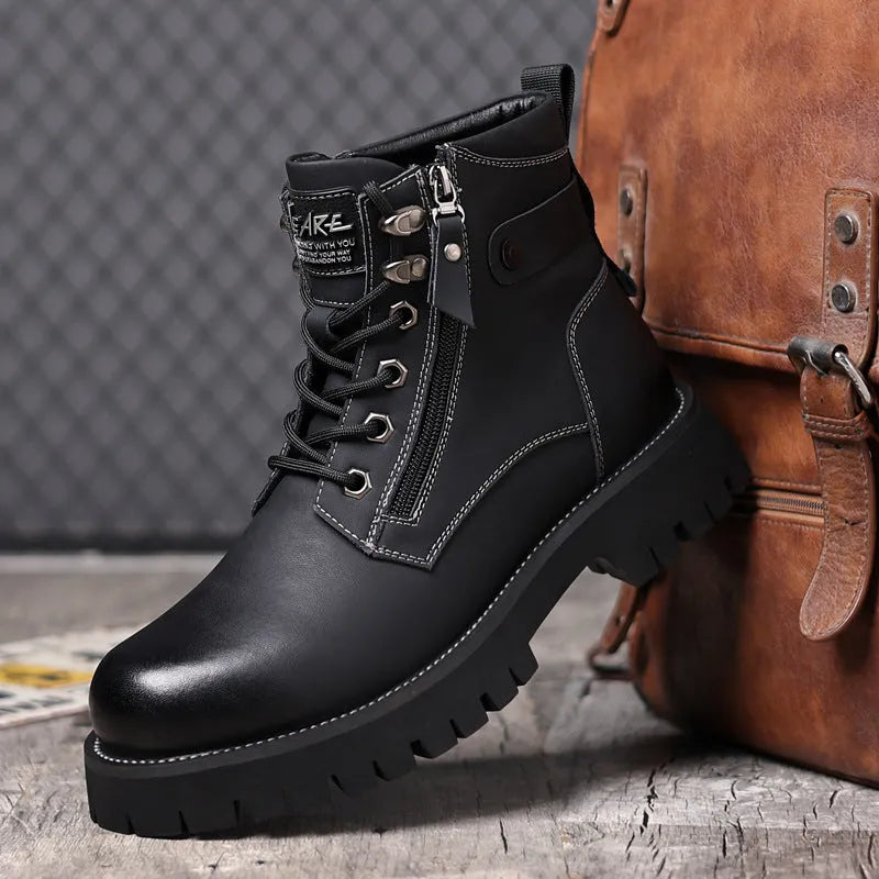Men's brown high-top leather boots with velvet lining and side zipper, showing round toe and mid-heel design