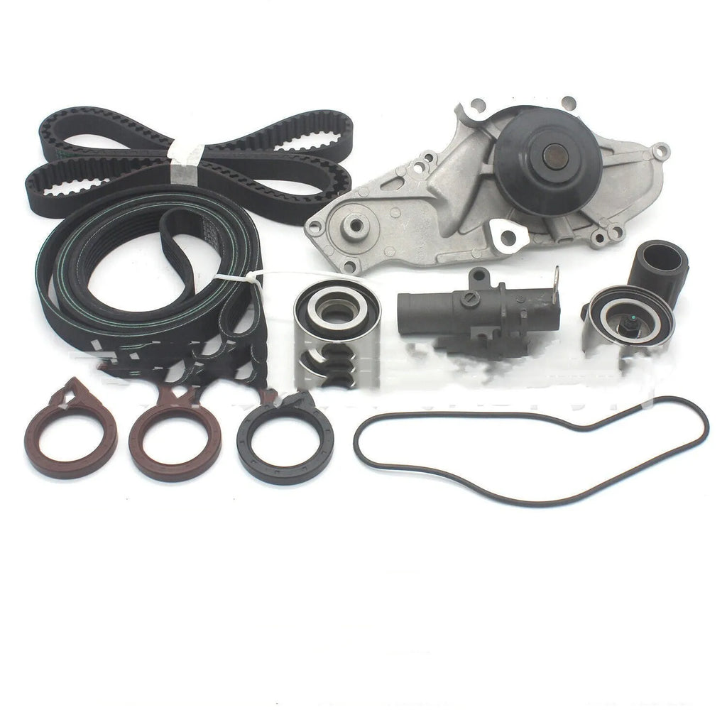 Metal automotive water pump and belt assembly for cooling system repair.