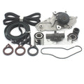 Metal automotive water pump and belt assembly for cooling system repair.