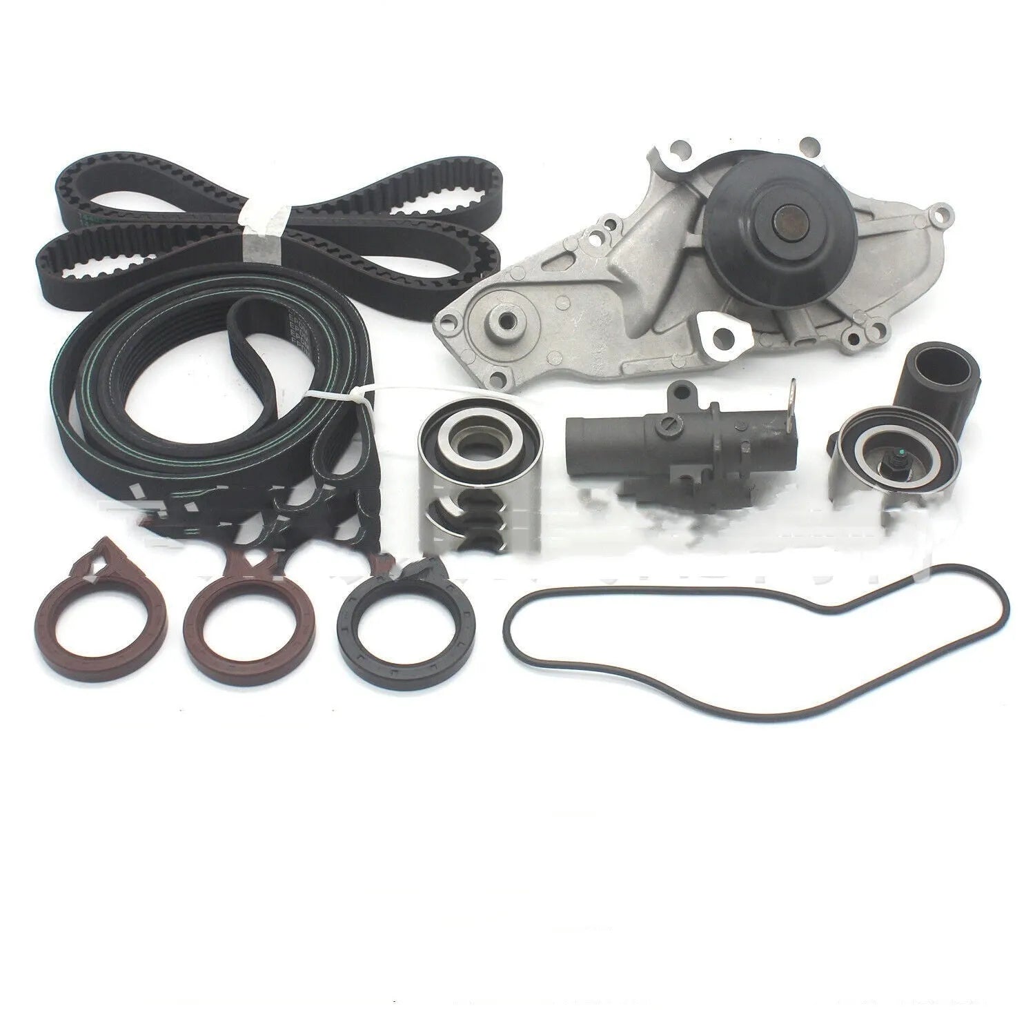 Metal automotive water pump and belt assembly for cooling system repair.