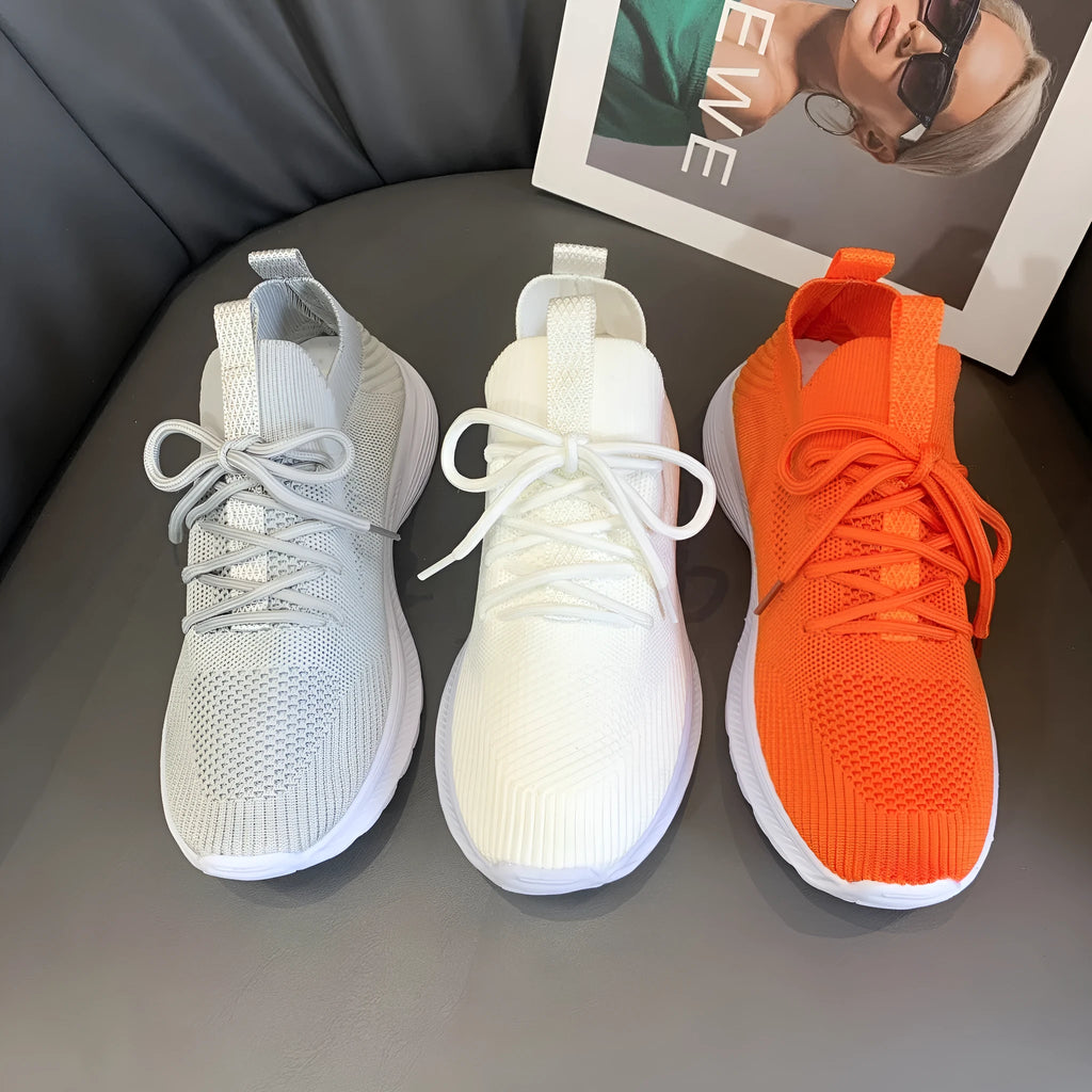 Women's mesh Flyknit running shoes, low top, flat heel, round toe, rubber sole, colour creamy white, side view