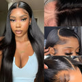 Straight black human hair wig with 13x6 lace front, shown in long length.