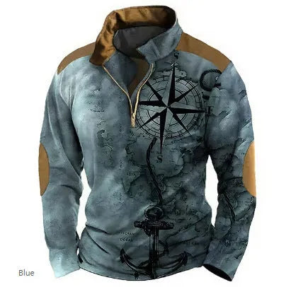 Men's loose fit long sleeve polo shirt with retro colour printing and zip decoration details.