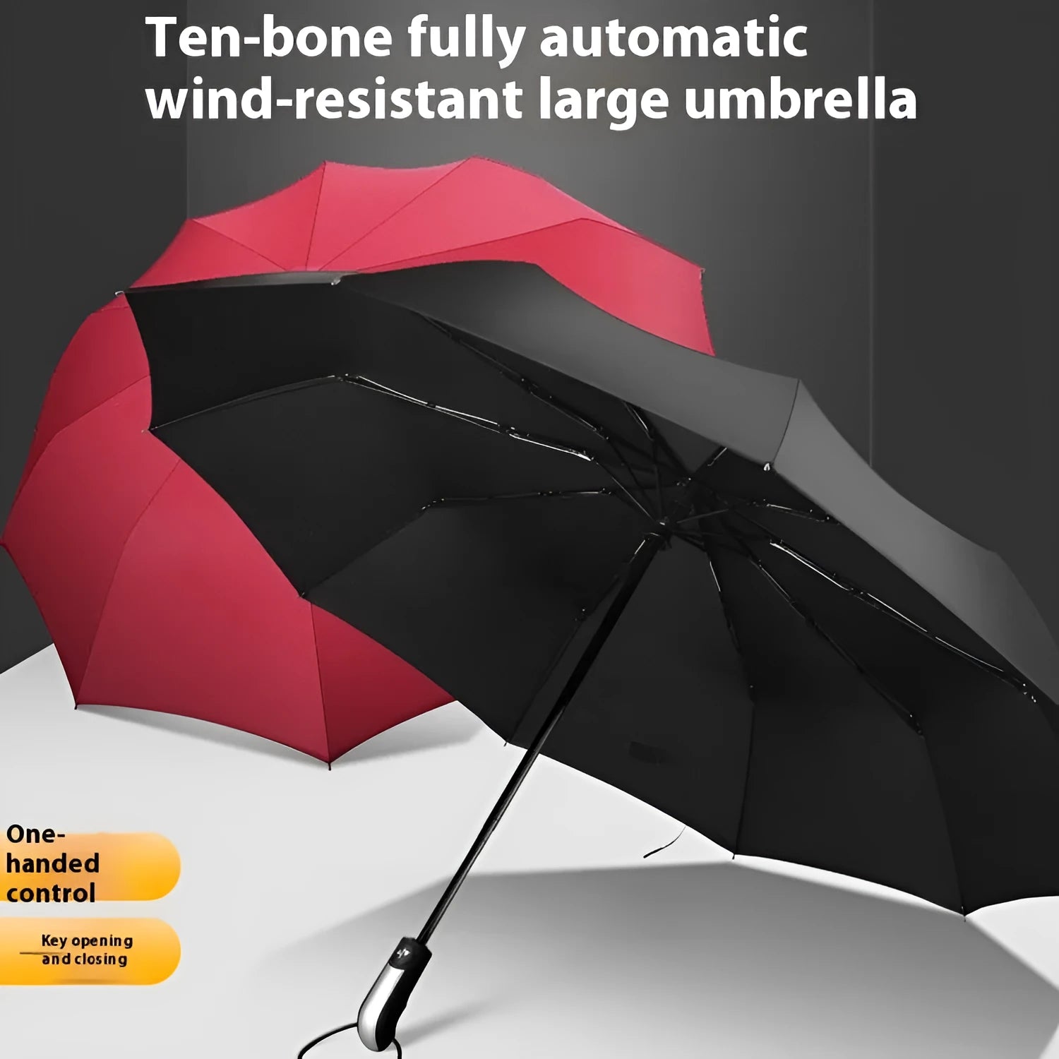 Triple folding business umbrella with automatic opening mechanism and rubber handle