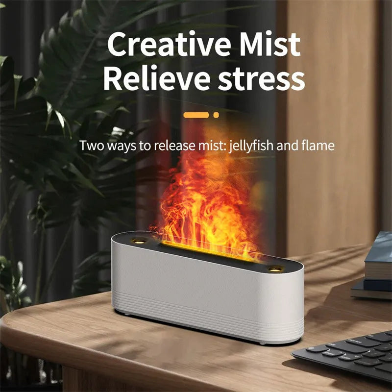 Black Flame Air ultrasonic humidifier diffuser with coloured LED lights on a wooden table