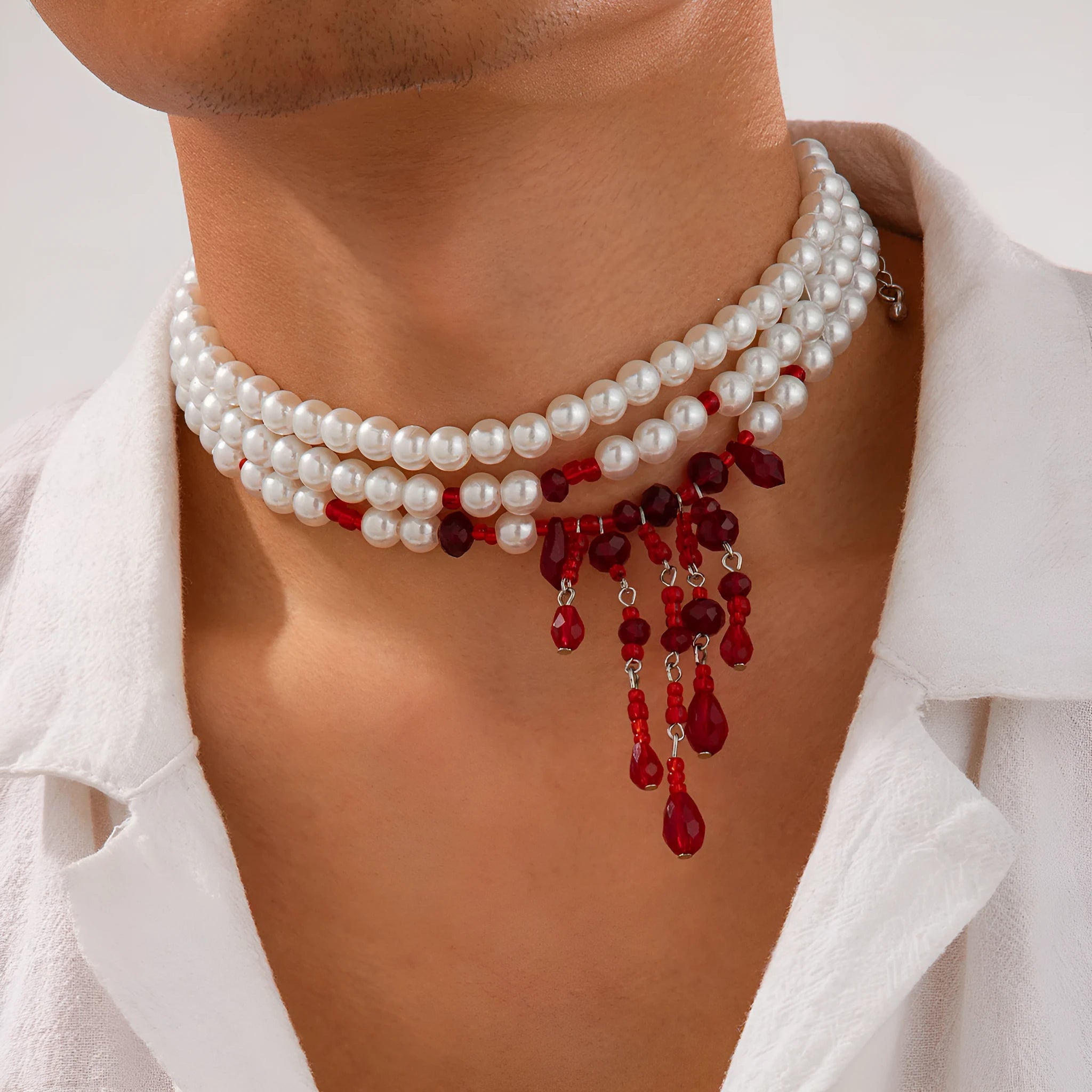 Halloween blood drop tassel pearl crystal men's necklace with geometric pendant in red and black