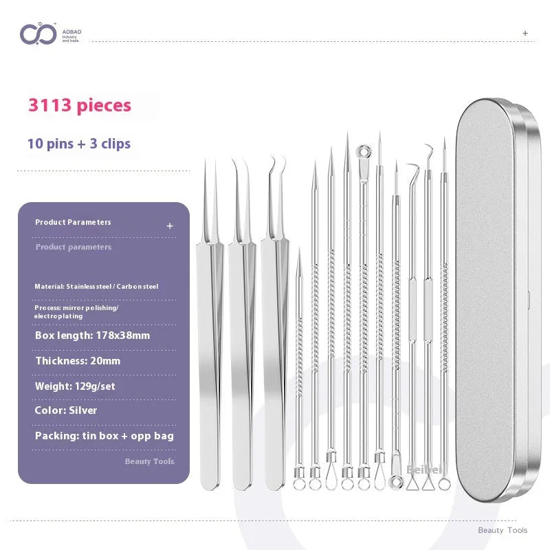 Four silver metal acne needles with fine pointed tips laid out on a surface.