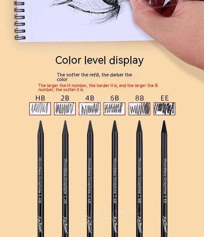Six graphite sketching pencils with different lead grades in wood-free construction
