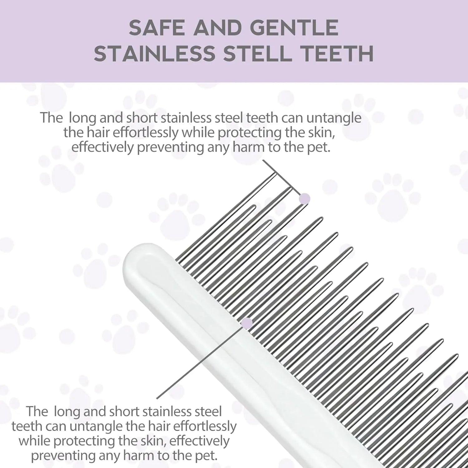 Purple handled pet grooming comb with stainless steel teeth for detangling dog and cat hair.