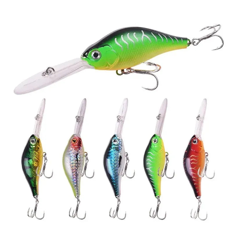 Deep diving fishing lure with long lip, 10.5cm length, in assorted colour patterns