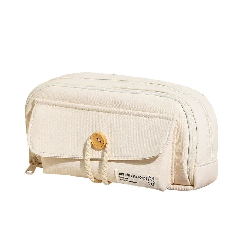 Canvas button pencil case in green colour showing large capacity for approximately 80 pens with Korean style design