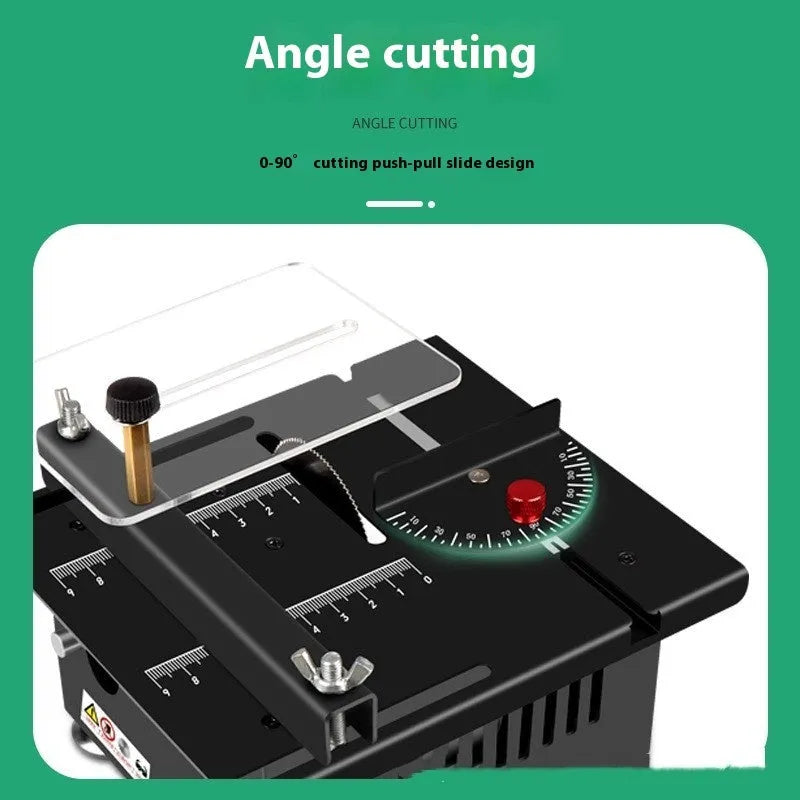 Compact lithium-ion cordless micro desktop saw with metal housing on a workbench.