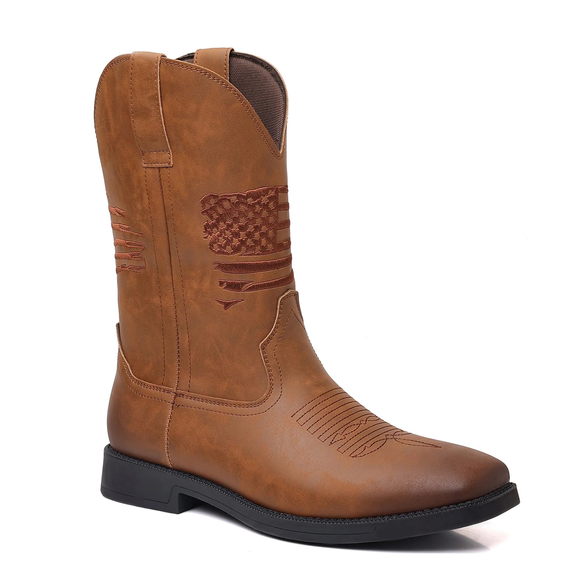 Men's retro embroidered cowboy boots with wide square toe and low horseshoe heel in brown artificial leather