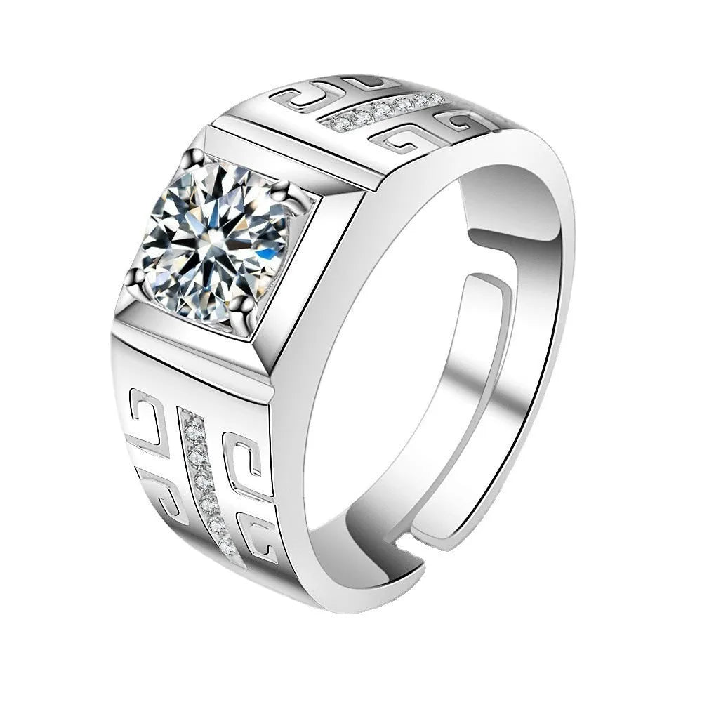 Men's large square diamond ring with adjustable band in gold or platinum finish.