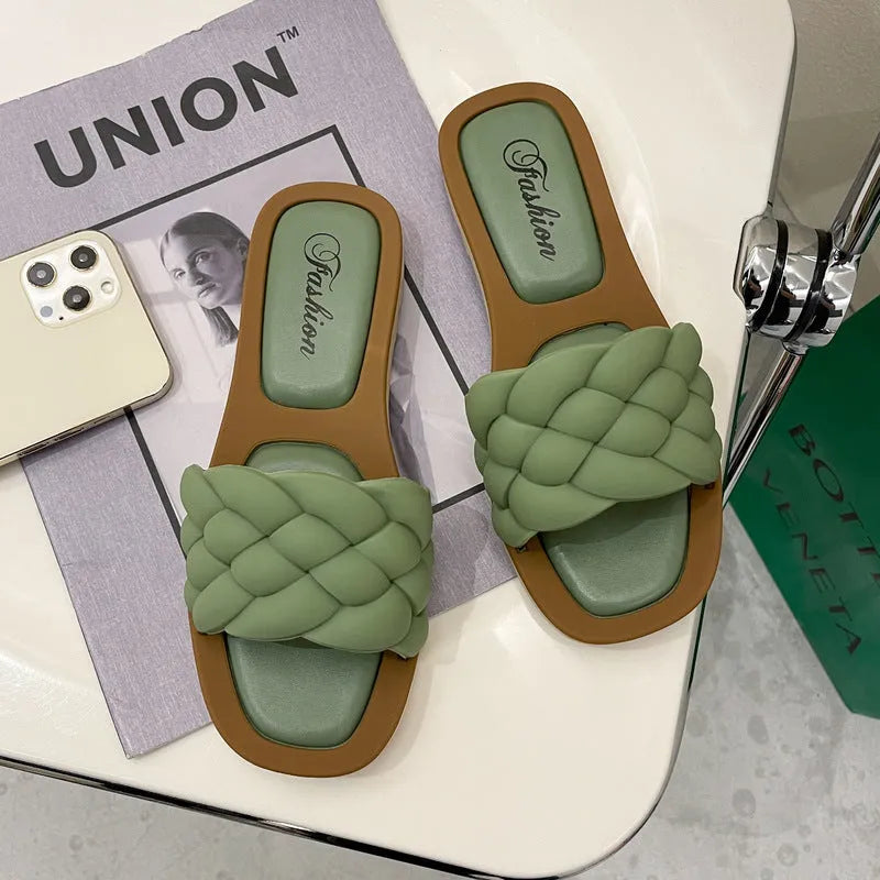 Women's plaid pattern PVC beach sandals with thick anti-skid sole in green colour.