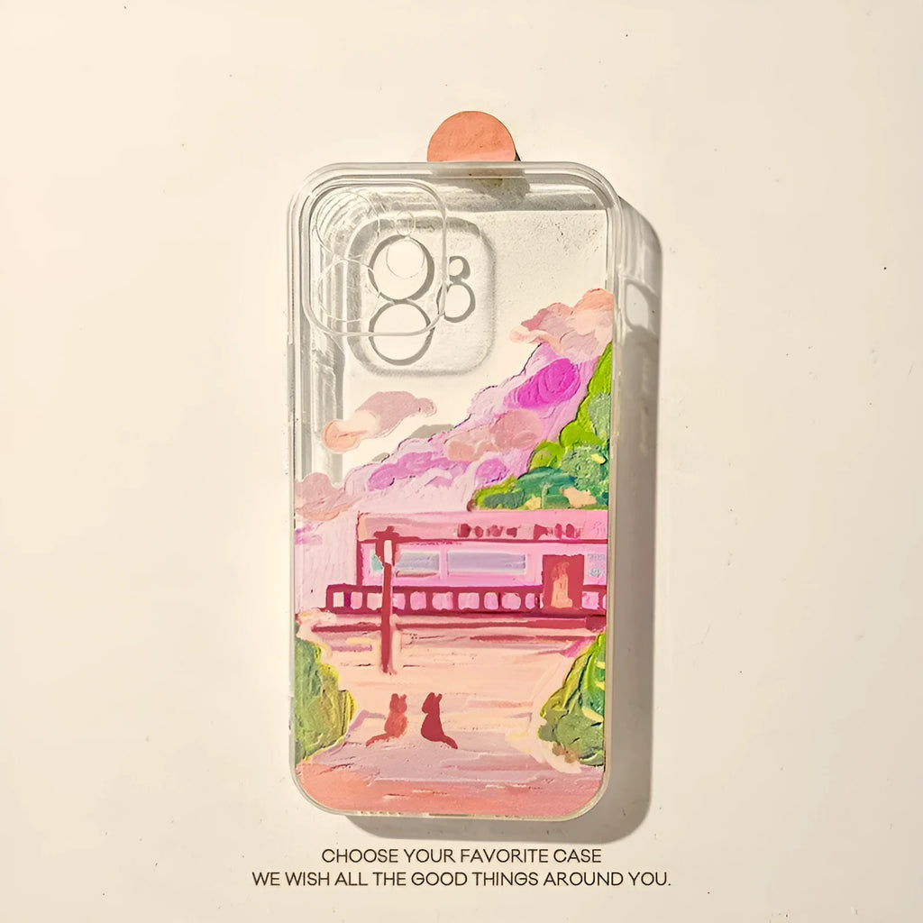 Soft silicone iPhone case showing colourful cartoon illustration of two cats on the back