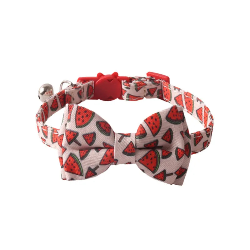 Fruit Series pet collar in peach fabric leather with attached bell, 28cm length, available in watermelon design