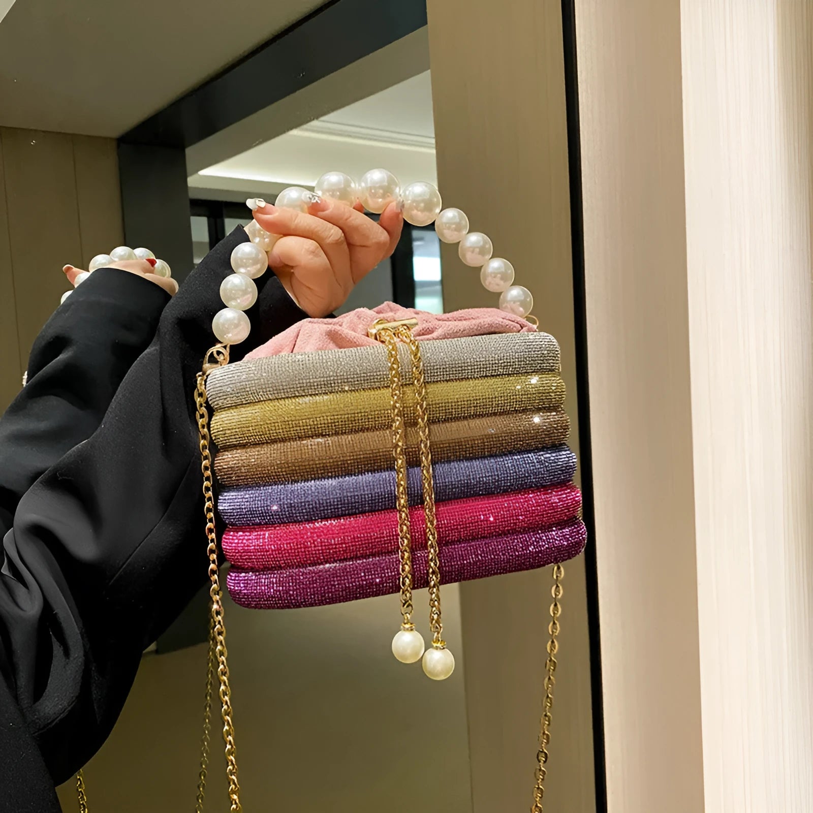 Women's retro style crossbody bag with beaded pearl detail on soft PU material in rounded suitcase shape