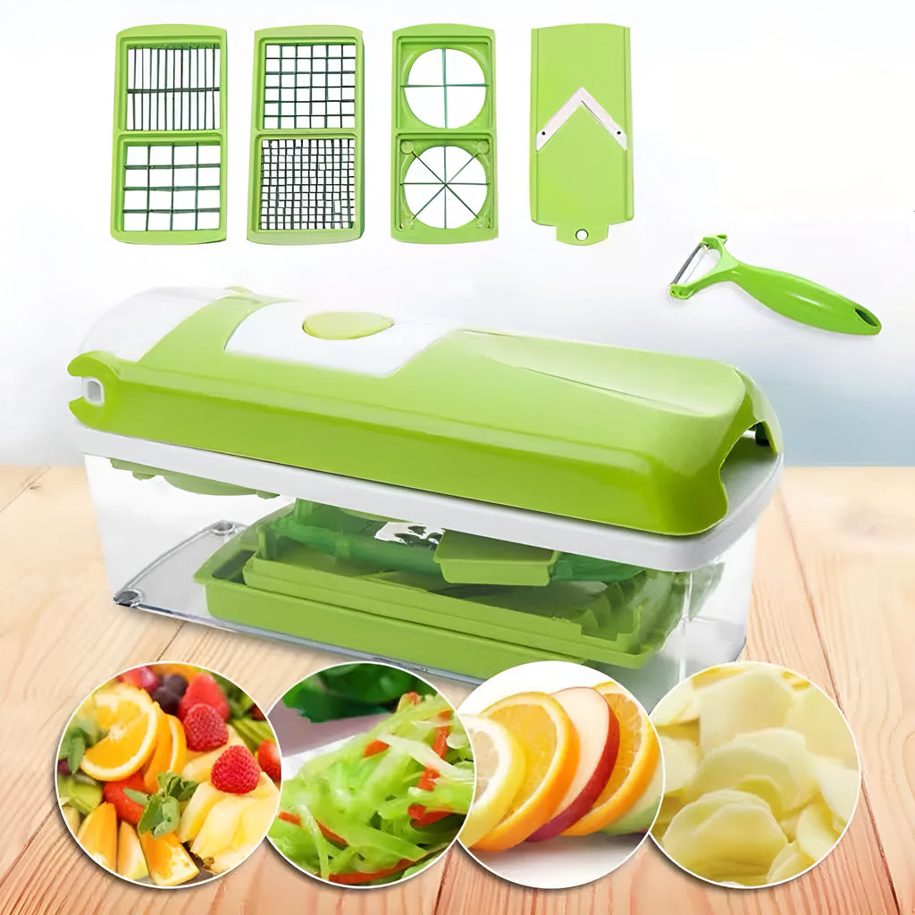 Green 12-piece multifunctional vegetable chopper set with stainless steel blades, manual handheld design, on kitchen countertop
