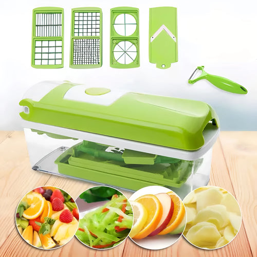 Green 12-piece multifunctional vegetable chopper set with stainless steel blades, manual handheld design, on kitchen countertop