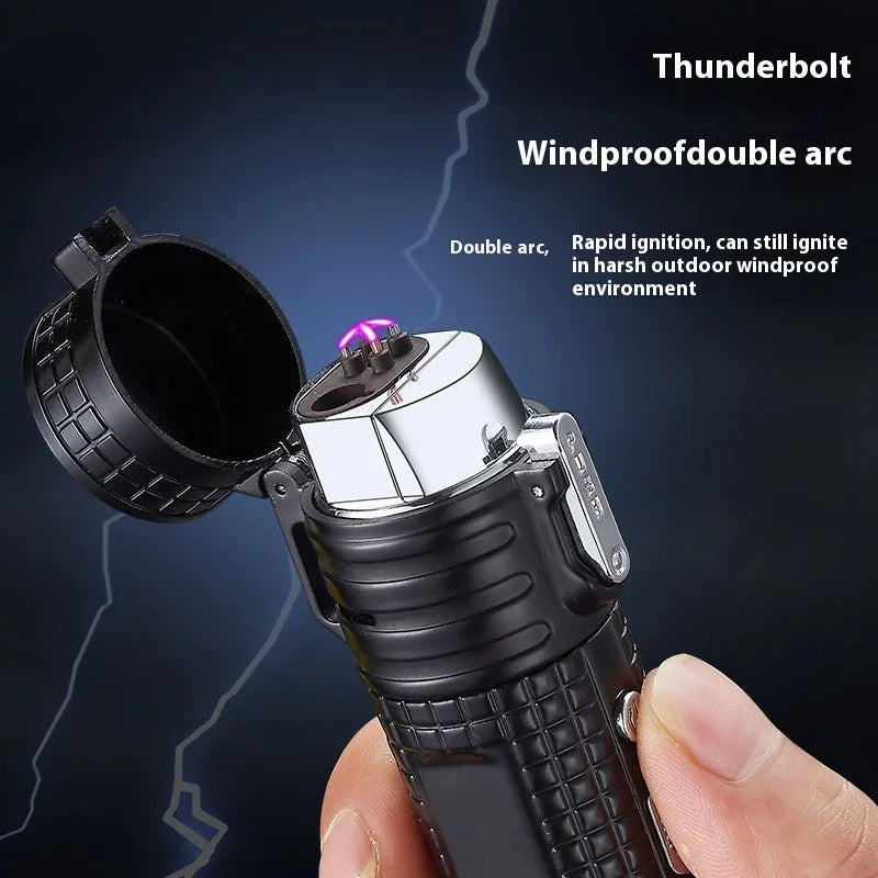 TH727 multifunction metal torch lighter in camouflage colour showing combined flashlight and lighter design.