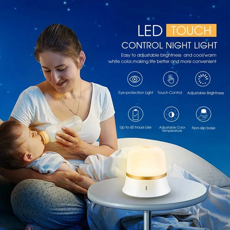 White touch-control bedside night light showing compact 93mm by 110mm design with dimmable LED.