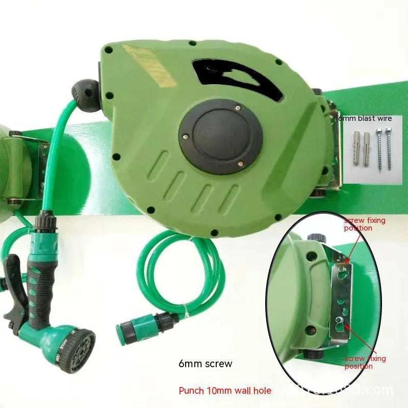 Automatic retractable hose reel unit with 10-metre PVC water pipe for car washing and garden use.