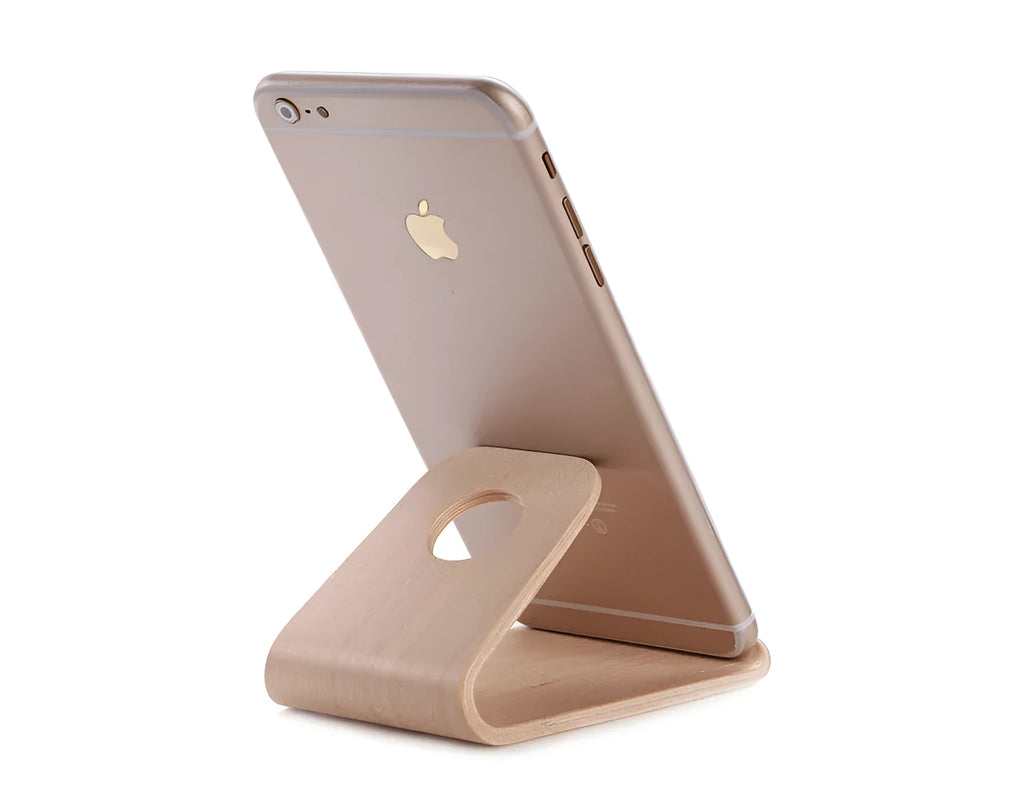 Wooden stand compatible with Apple iPhone in Walnut and White Maple finish on desk