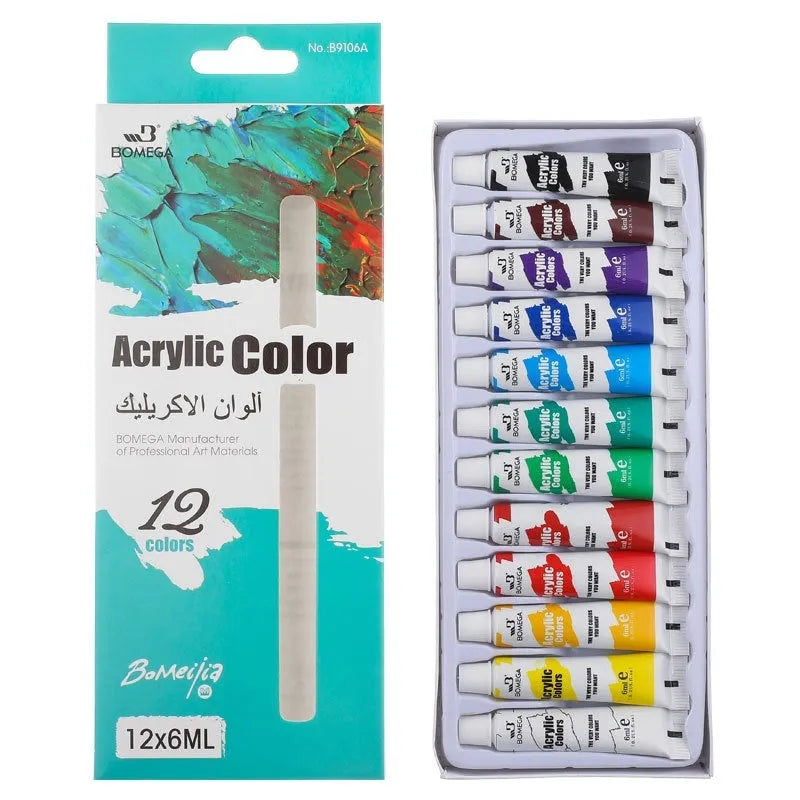 Set of artist paint tubes for acrylic, gouache, watercolour, and oil painting, each in 12 colours.