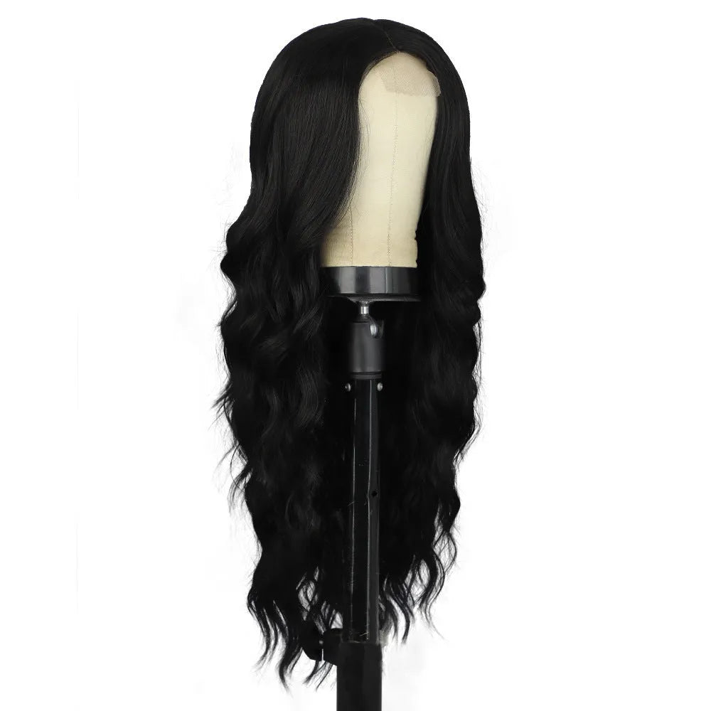European American front lace wig with medium large wavelength curly hair and long bangs for ladies