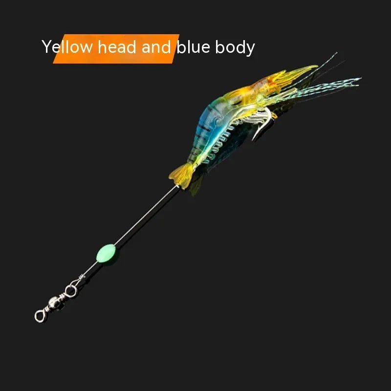 Six assorted colour Luer soft fishing lures with hooks on a blue background.