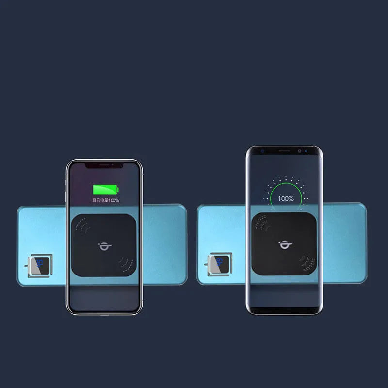 Black portable power bank with LCD screen showing battery level, next to silver, red, and blue colour options.