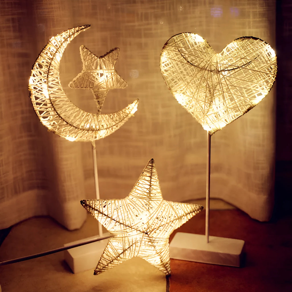 Rattan LED decorative light in star, heart or moon design with copper wire accents