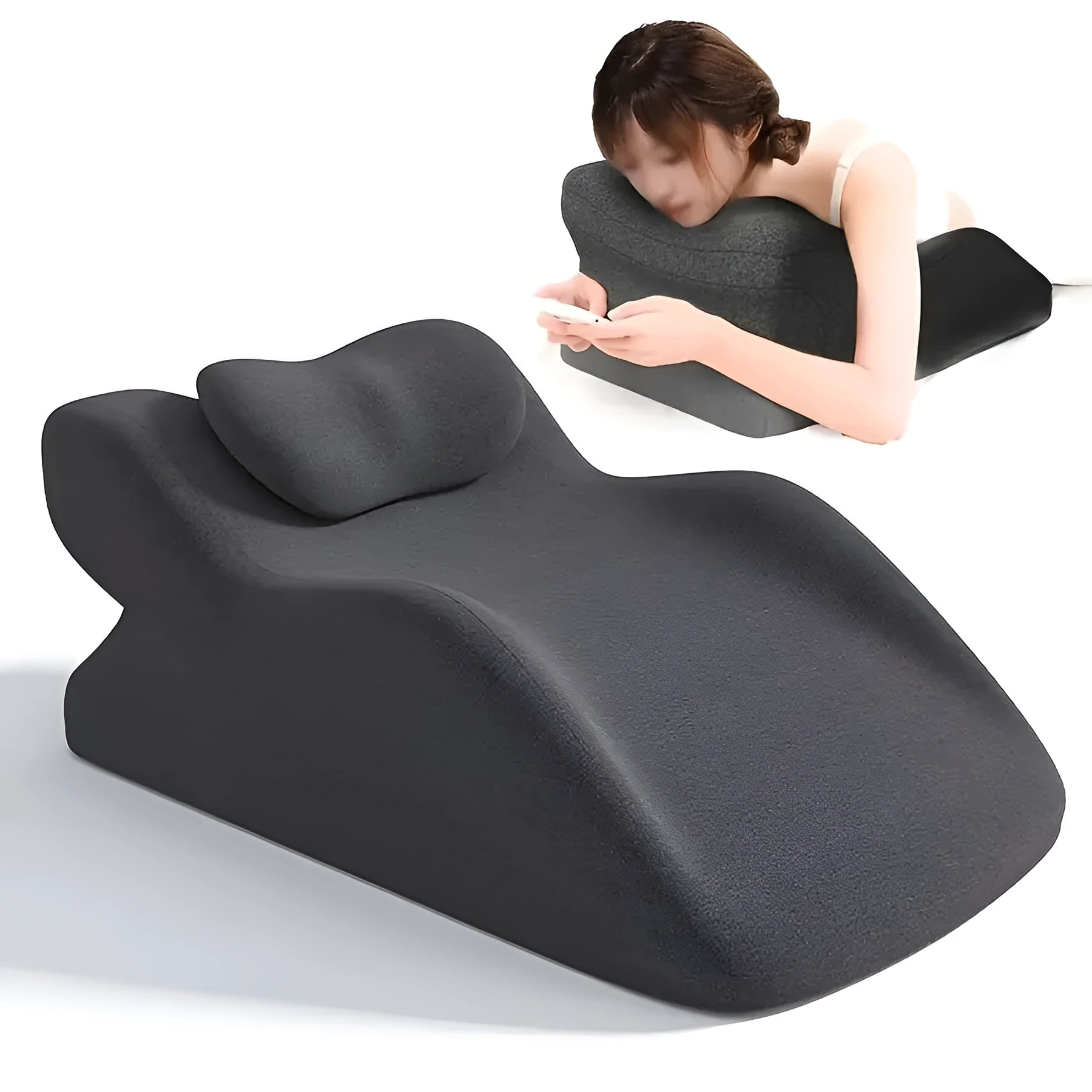 A stomach sleeper pillow in blue, designed for prone positioning and reading in bed.