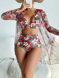 Women's multicolour printed bikini swimsuit three-piece set with matching shirt