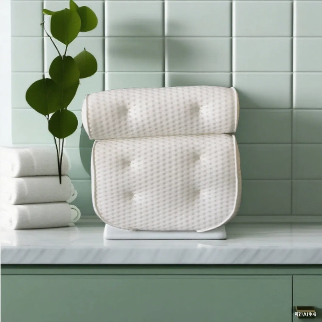 White bathtub pillow with 4D mesh construction and 7 suction cups measuring 37x34cm
